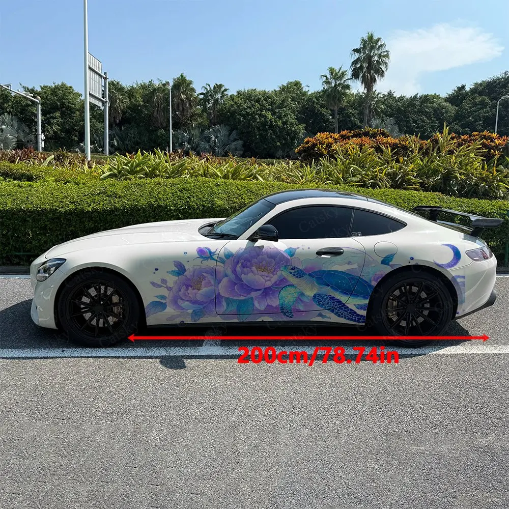 2pcs Starry Turtle with Purple Floral Car Side Wraps, Self-Adhesive PVC Waterproof & Scratch-Resistant Stickers, Car Accessory
