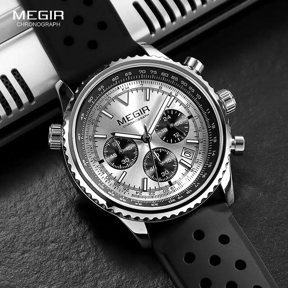 MEGIR 2236 Men\'s Multifunctional Thin Dial Fashion Business Style Silicone Strap Waterproof Luminous Calendar Watches for Male