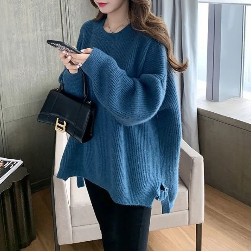 Autumn and Winter Women\'s Solid Color Pullover Round Neck Loose Side Split Long Sleeve Sweater Knit Fashion Elegant Casual Tops