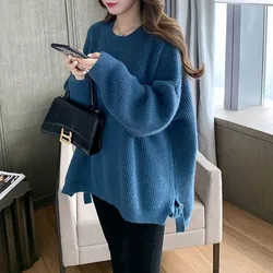 Autumn and Winter Women's Solid Color Pullover Round Neck Loose Side Split Long Sleeve Sweater Knit Fashion Elegant Casual Tops