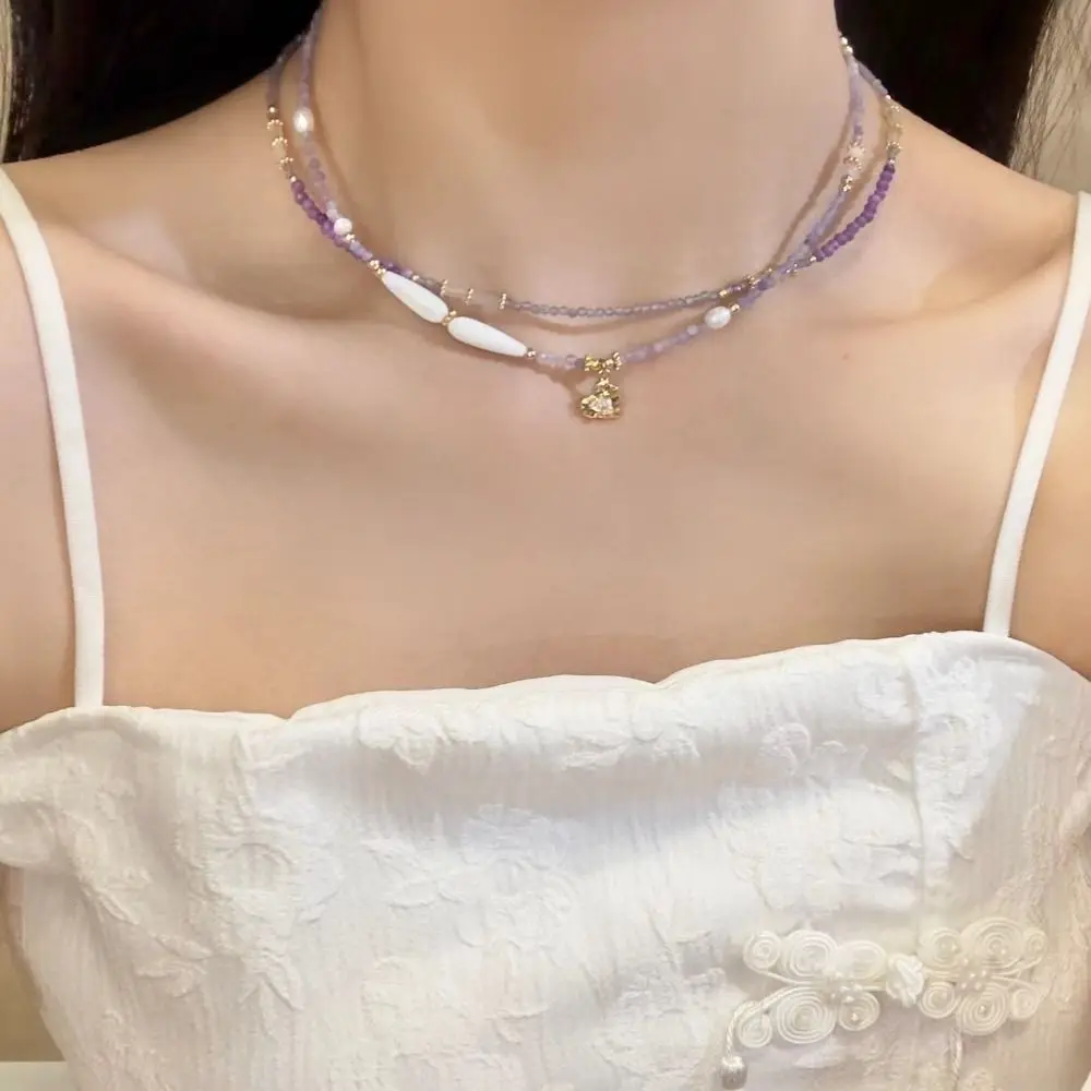 

Chinese-style Popular Pearl Necklace Sweet Charm Handmade Amethyst Pendant Aesthetic Adjustable Dopamine Beads Necklace