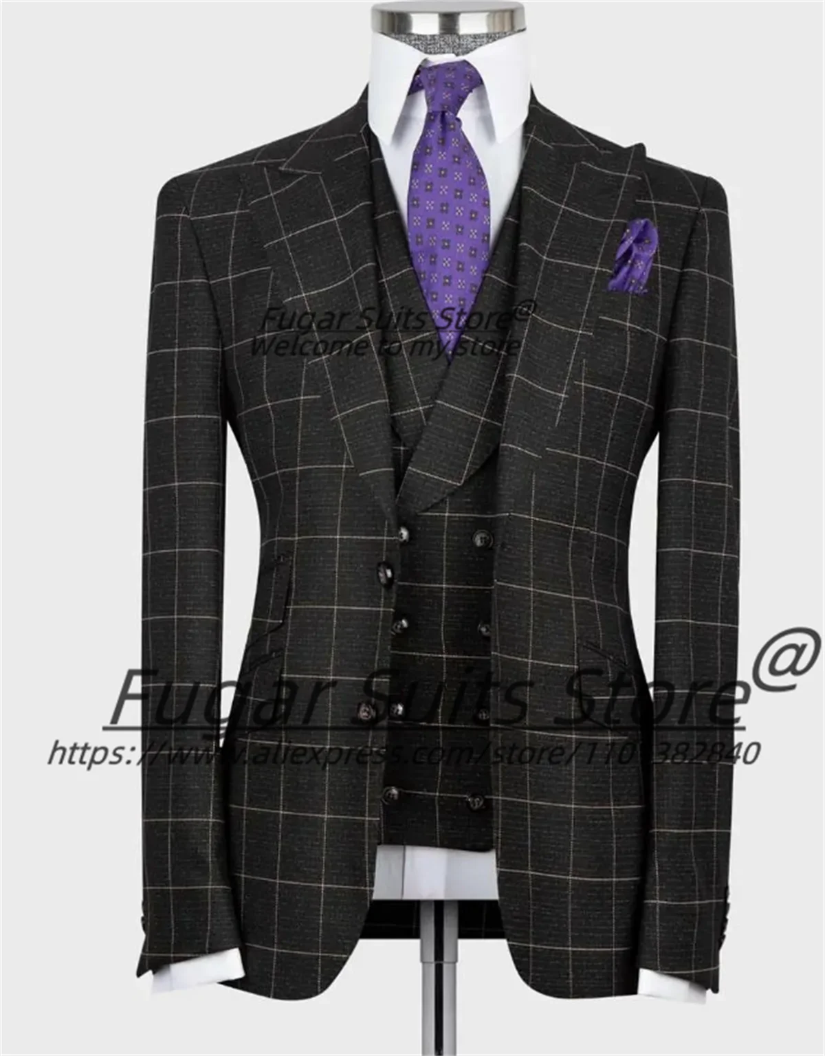 

Business Plaid Men Suits Customized Slim Fit Peak Lapel Man Meeting Tuxedos 2 Pieces Sets Male Office Work Blazers Ropa Hombre
