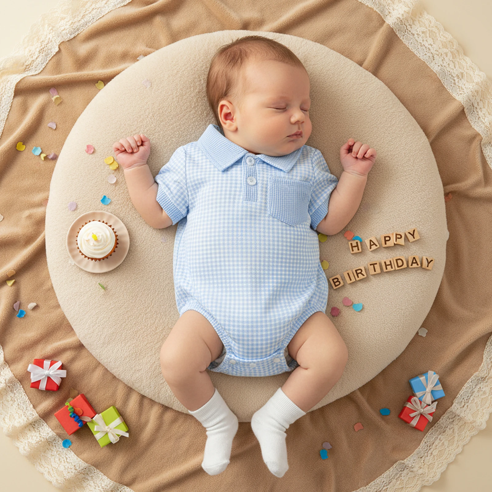 Baby Boy Summer Plaid Romper Fashionable Waffle Plaid Short Sleeve Turn Down Collar Bodysuits Jumpsuit