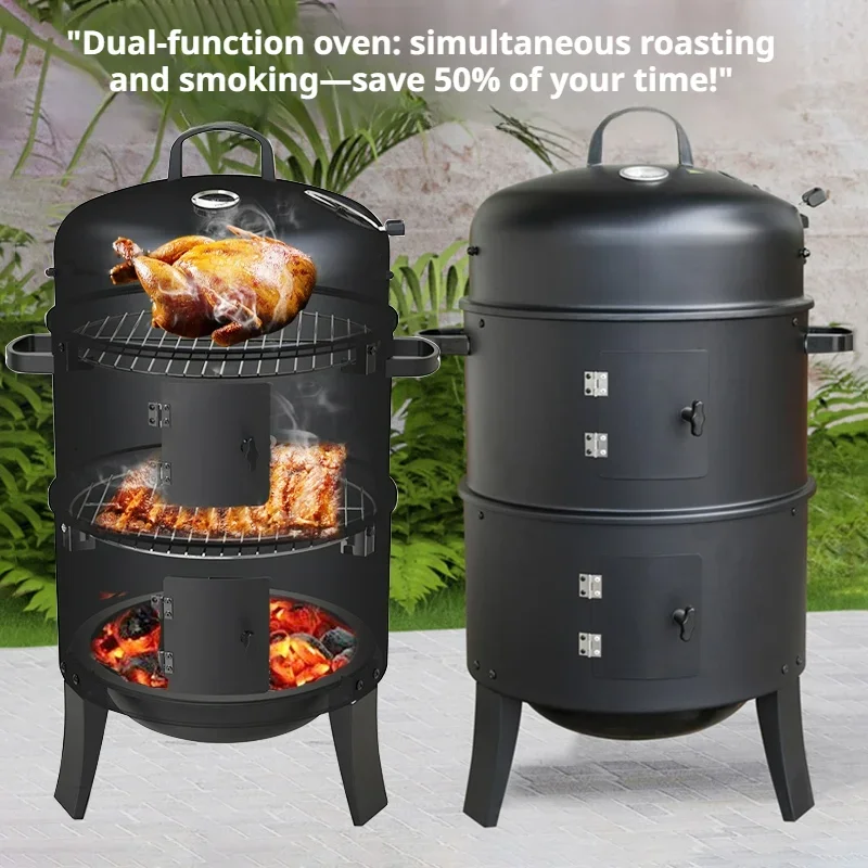 

3 in 1 Vertical BBQ Grill Fire Pit Portable Multipurpose Charcoal Grill with Built-in Thermometer for Party Outdoor Camp Cooking Outdoor & Home Hanging BBQ Smoker, Portable Barbecue Grill