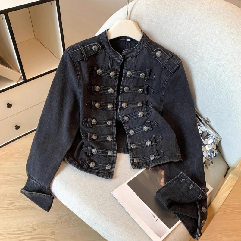

Spring Fall Women Designer Double Breasted Buttons Black Denim Coat Jacket , Woman Fashion Cool Coats Jackets