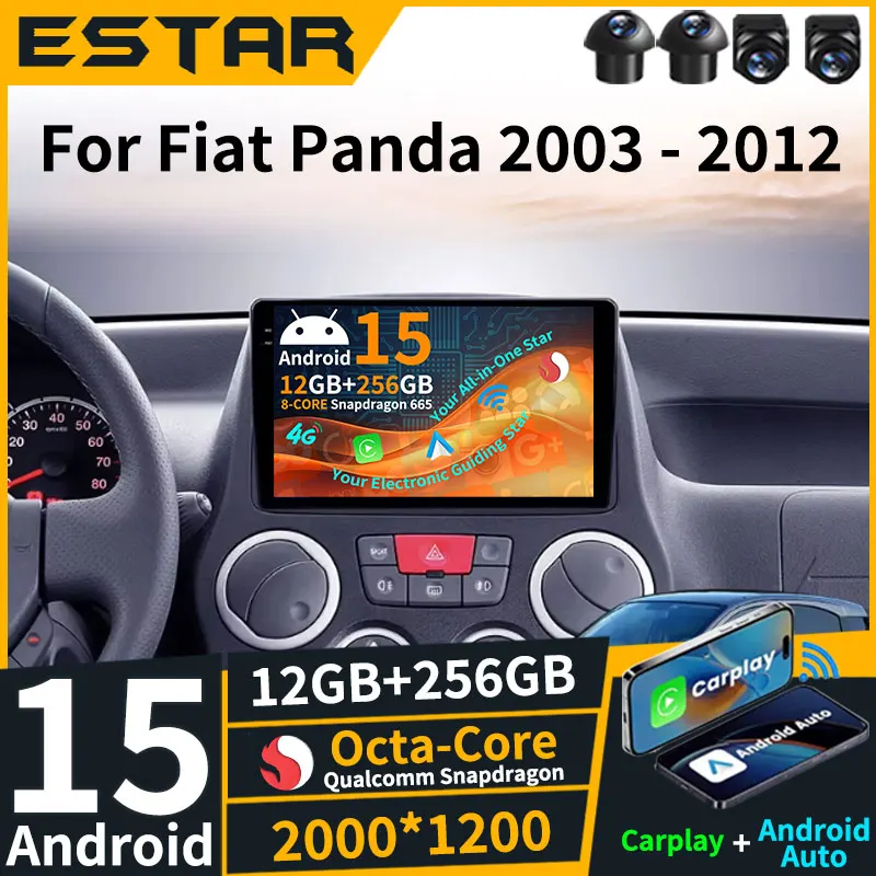 Wireless Carplay Auto Android 15 Car Radio For Fiat Panda 169 2003 - 2012 BT 360 Camera RDS Multimedia Stereo GPS QLED 4G LTE