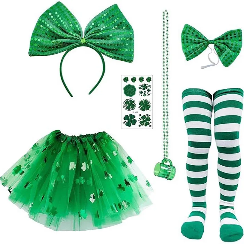 

6PCS Set Green Tutu Skirt Women Kids Headwear Socks Costume Accessories Irish Festival Clover Fluffy DressSaint Patrick's Day