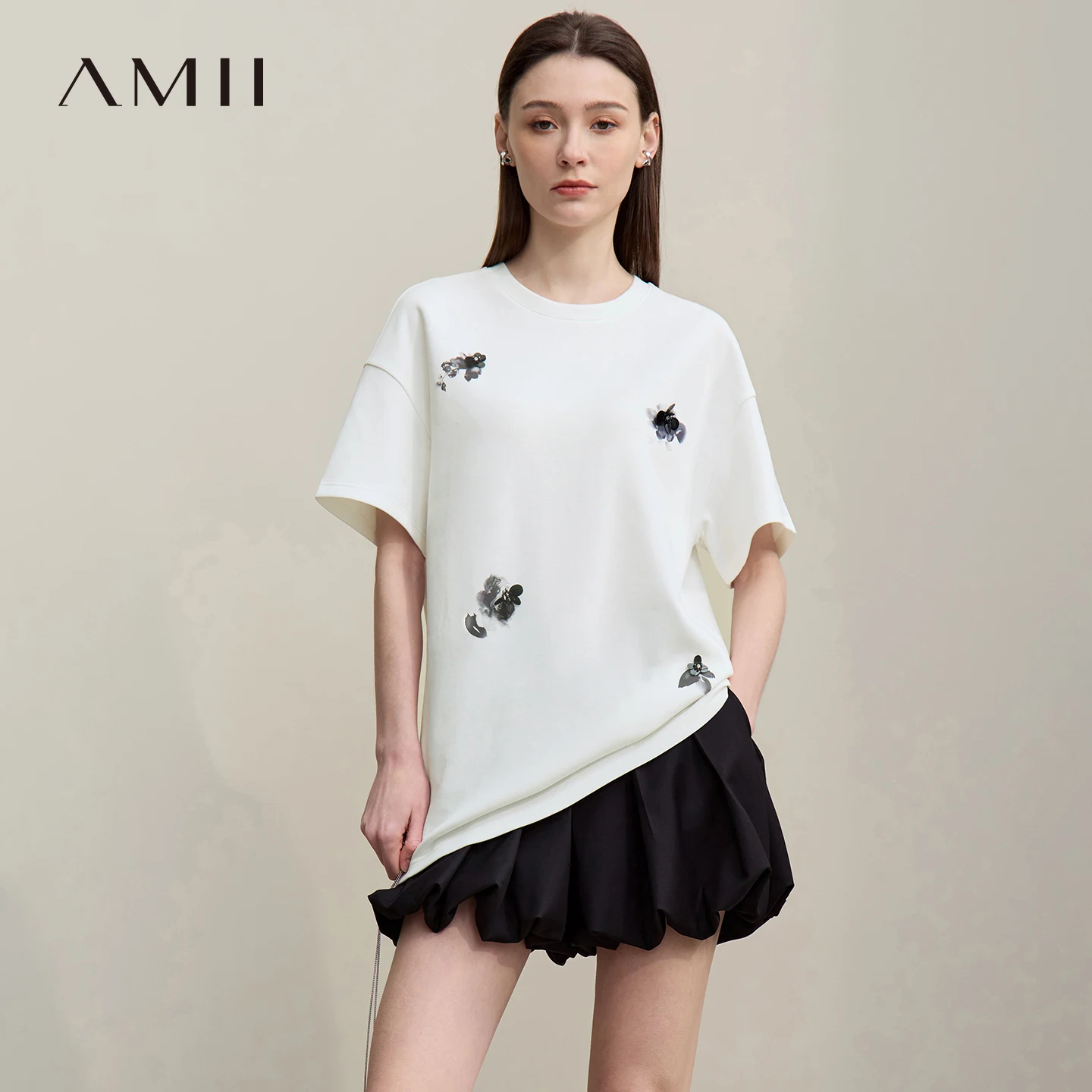 Amii Women's T-Shirt 2026 Summer New Drop Shoulder Printed Air Layer Stretch Tee Shirt Beaded Loose Casual Top Women 12642067