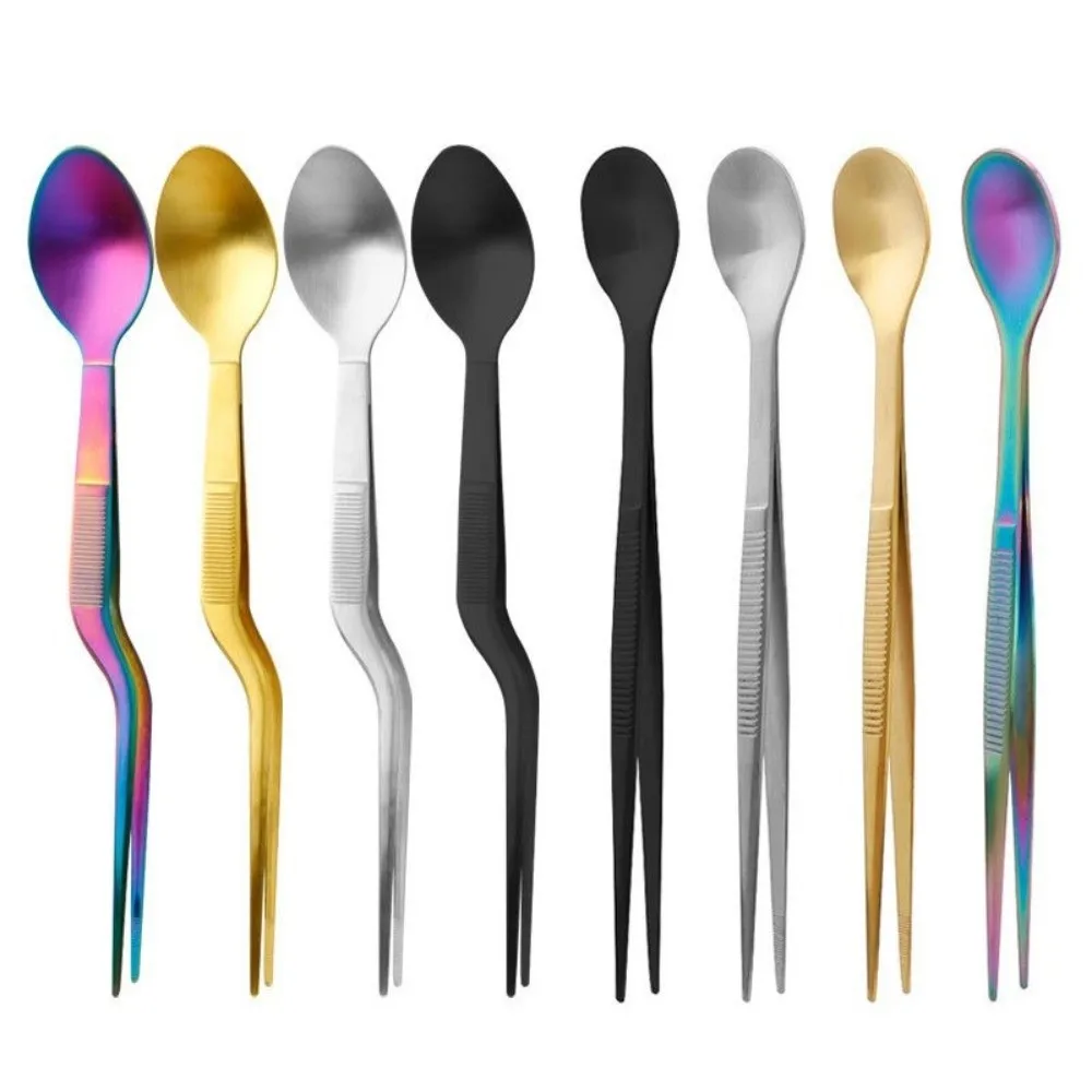 Multi-functional Sauce Spoon Portable Stainless Steel Picnic Utensil 2in1 Design Flavor Test Spoon Tweezers Kitchen Utensil