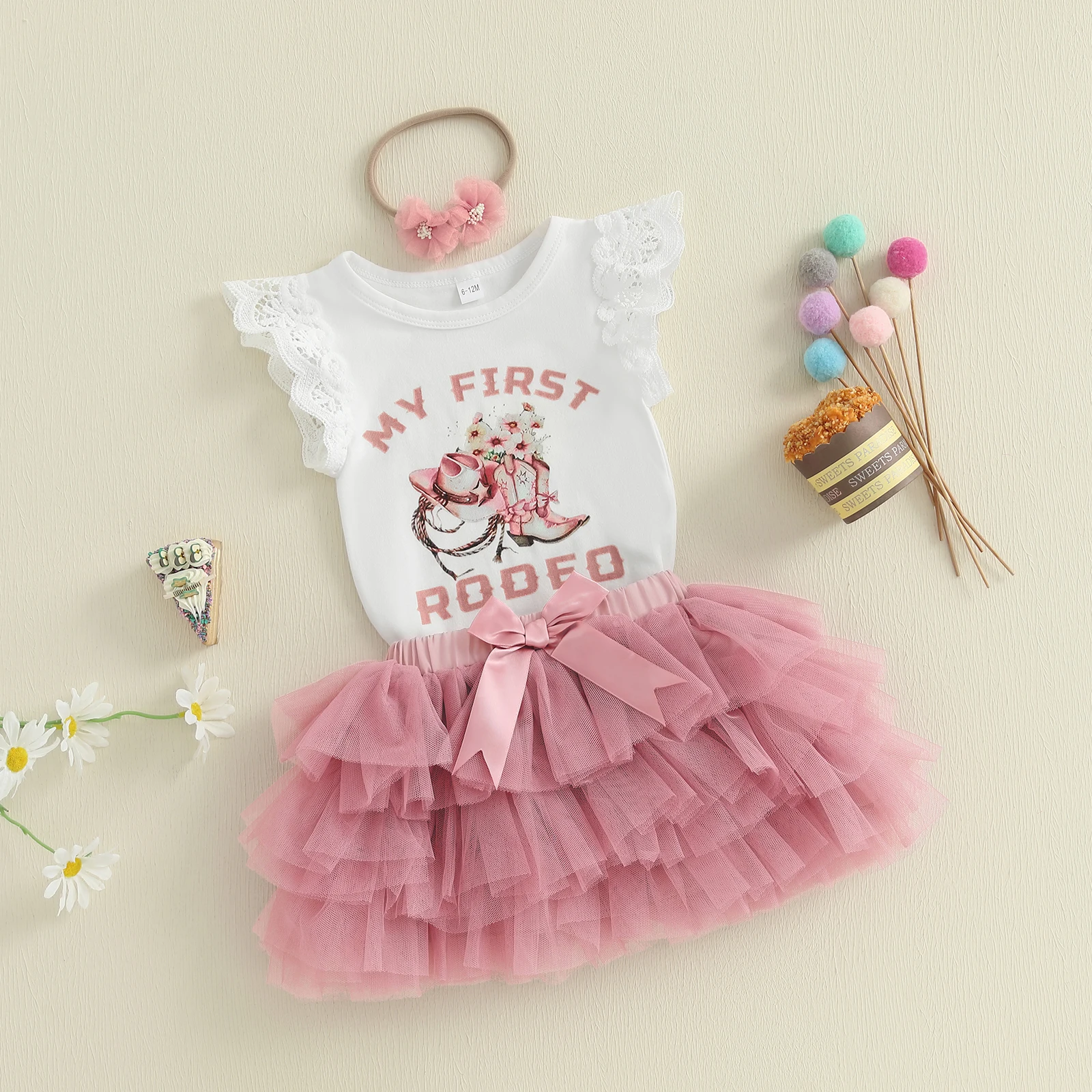 Tregren 6-18M Infant Baby Girl 1st Birthday Outfits Cute Lace Sleeve Letter Print Romper + Bow Tulle Skirt + Headband 3pcs Sets