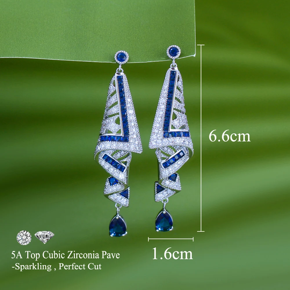CWWZircons Geometrische, klobige, lange, königsblaue Tropfen-Ohrringe mit Zirkonia für Damen, Festival-Party-Accessoires CZ937 – Detail 1