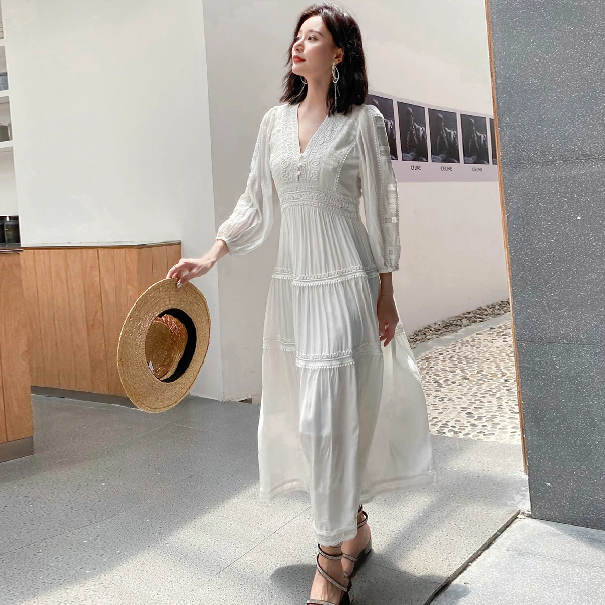 Jaastie V-Neck Spring Autumn Dress Women Bohemian Retro Embroidery Long Dresses Hippie Casual Boho Beach Holiday Maxi Dress