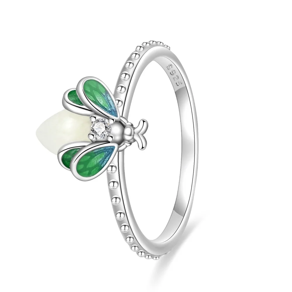 Trendy 925 Sterling Silver Green Wings Glow In Dark Firefly Ring For Ladies' Wedding Anniversary Jewelry Gift