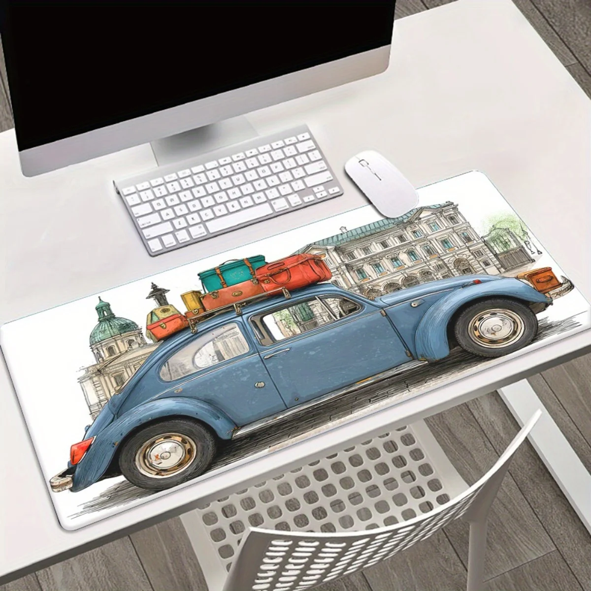 

Retro car and travel-themed XXL mouse pad, durable rubber desk mat, anti-slip base, washable, suitable for gamers and offices