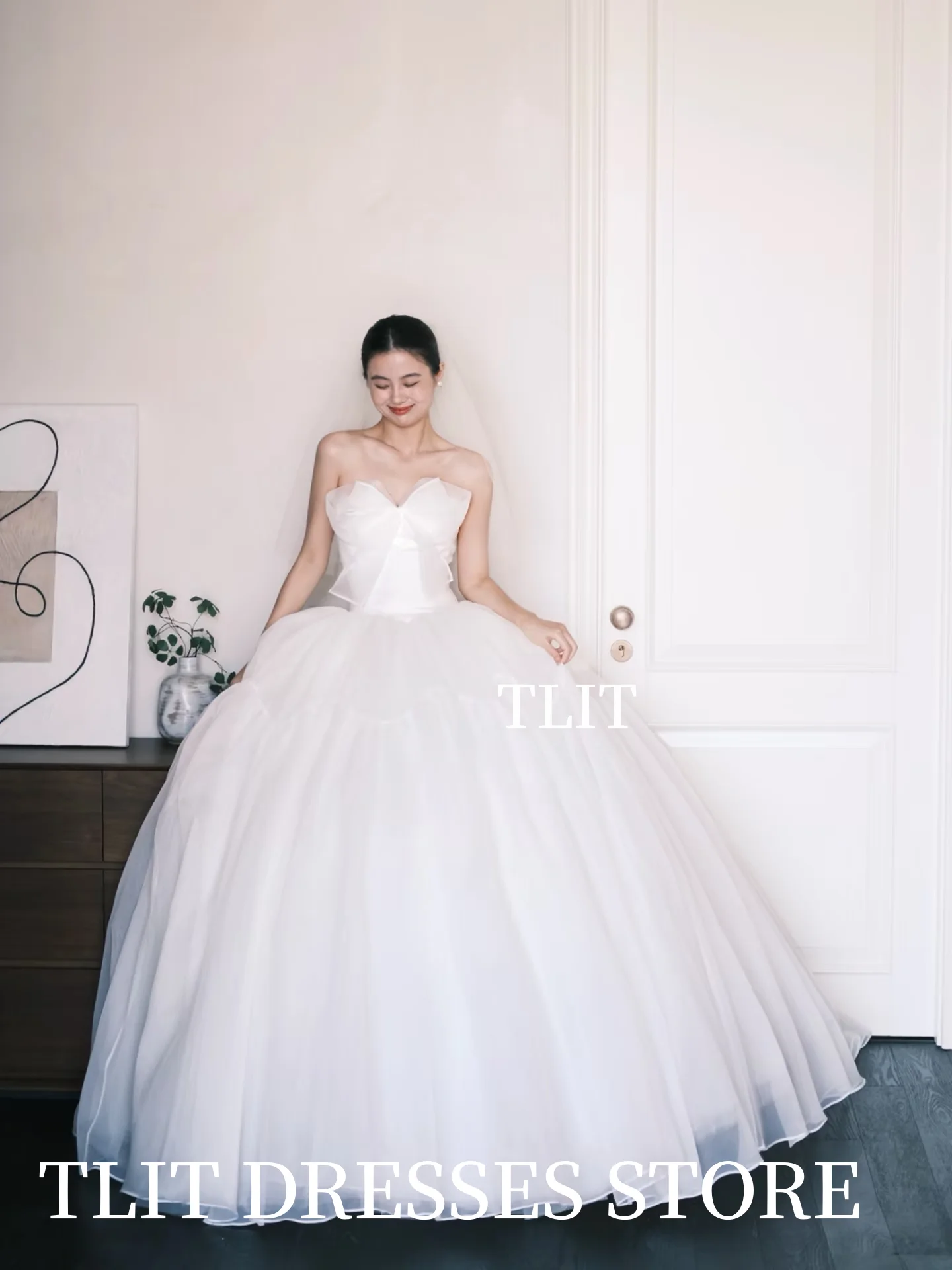 TLIT فساتين زفاف أنيقة من الأورجانزا العاجية فساتين زفاف كورية لالتقاط الصور بدون حمالات بفيونكة كبيرة فستان زفاف مخصص #4