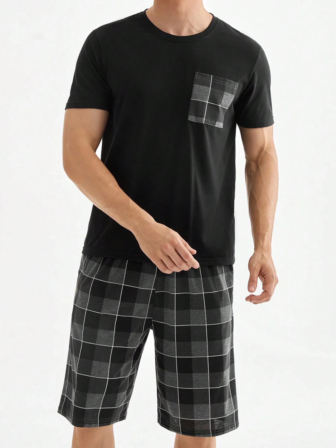 

Men's Black & Gray Plaid Pocket Pajama Set 2 Piece Short Sleeve & Shorts Comfortable Loungewear