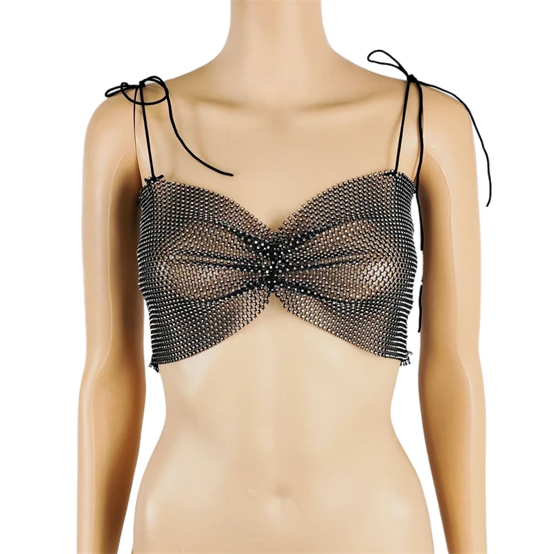 Shiny Crystal Fishnet Rhinestone Cami Top Women Tie‑Up Spaghetti Strap Ruched Hollow Crop Top Night Club Rave Going‑Out Tops – Detail 8