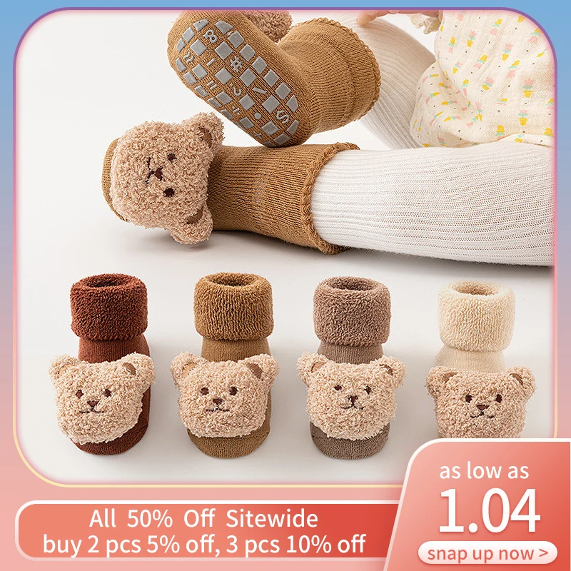 Warm Winter Newborn Plush Socks Cartoon Bear Infant Anti-slip Floor Sock Boys Girls Kids Sockken Sox Thick Velvet Baby Long Sock