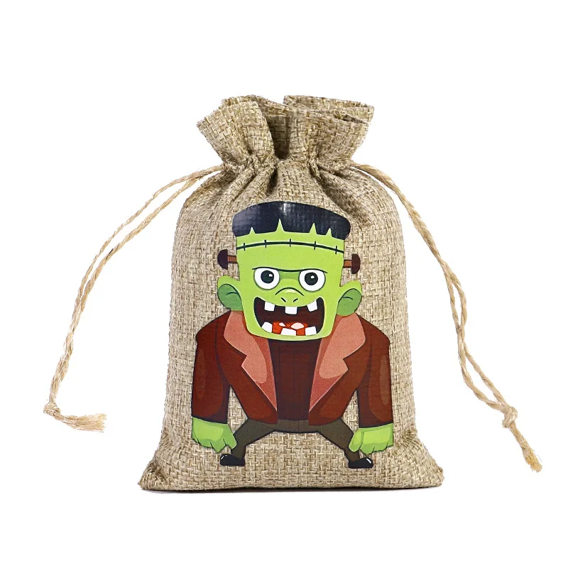 4pcs/8pcs/12pcs Halloween Linen Bun Storage Bag Halloween Pattern Candy Gift Packaging Bag Linen Drawstring Bag