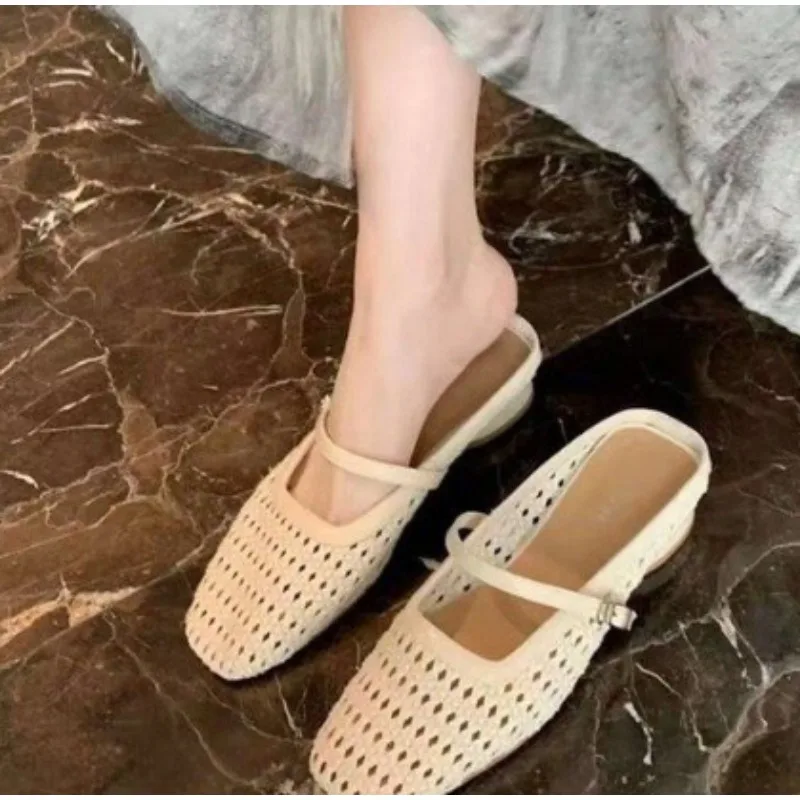 

Elegant Hollow out Head Cover Sandals Women Summer Outdoor Wear Mary Janes Half Slippers Breathable Strap Flat Heels Shoes