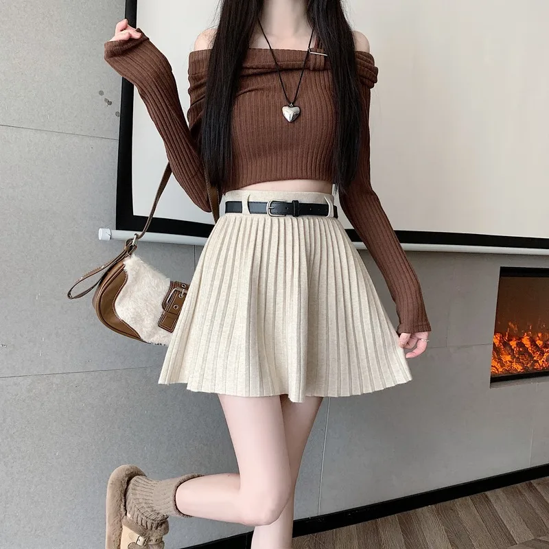 

Knitted Pleated Skirt Women 2024 Fall and Winter New Solid Color Preppy Style High-waisted Versatile Mini Skirt Female