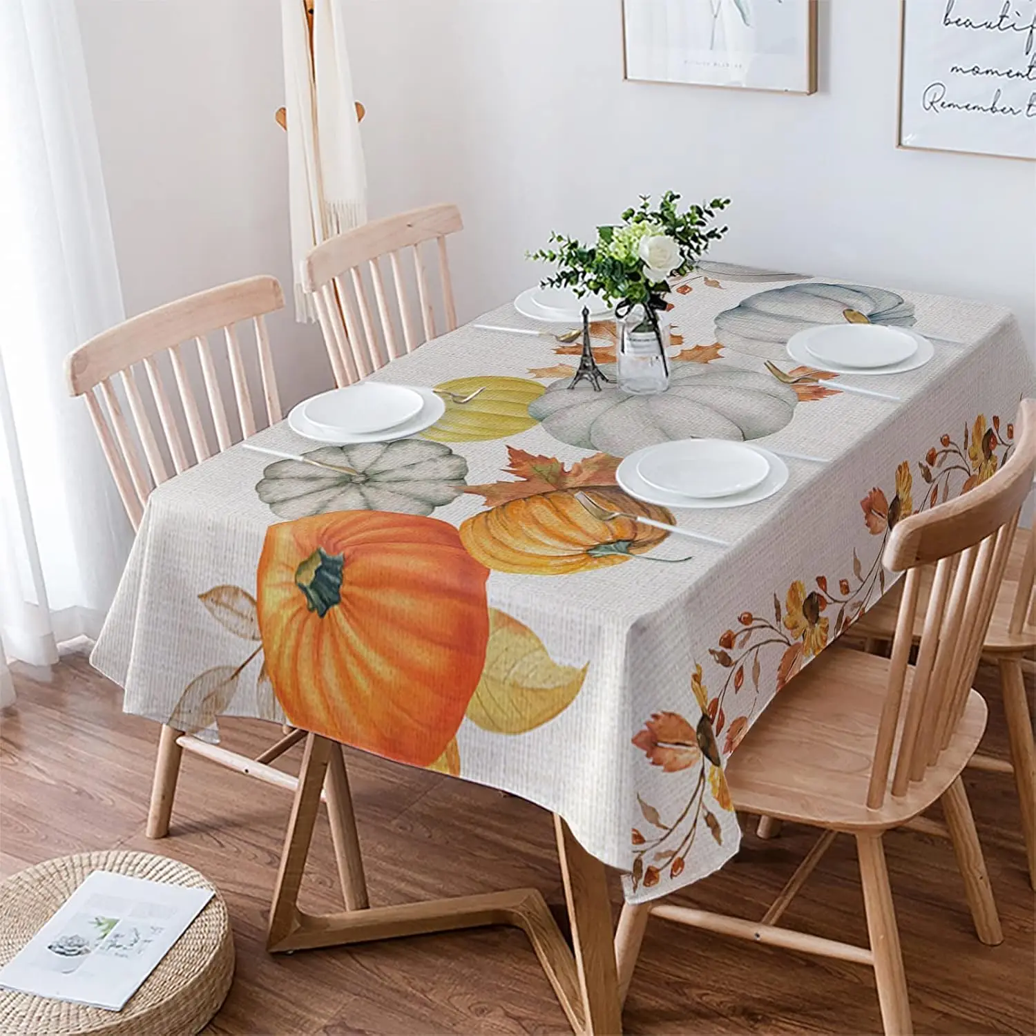 Autumn Pumpkins Waterproof Tablecloth for Table Home Decor Washable Fall Maple Leaves Table Cloth Thanksgiving Party Decorations