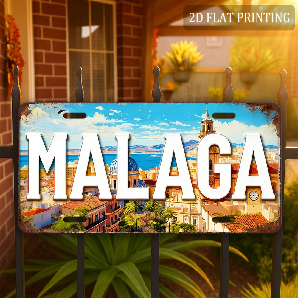 2D Flat Malaga Spain City Scenery Vintage Metal License Plate Travel Souvenir Retro Wall Decor Metal Sign