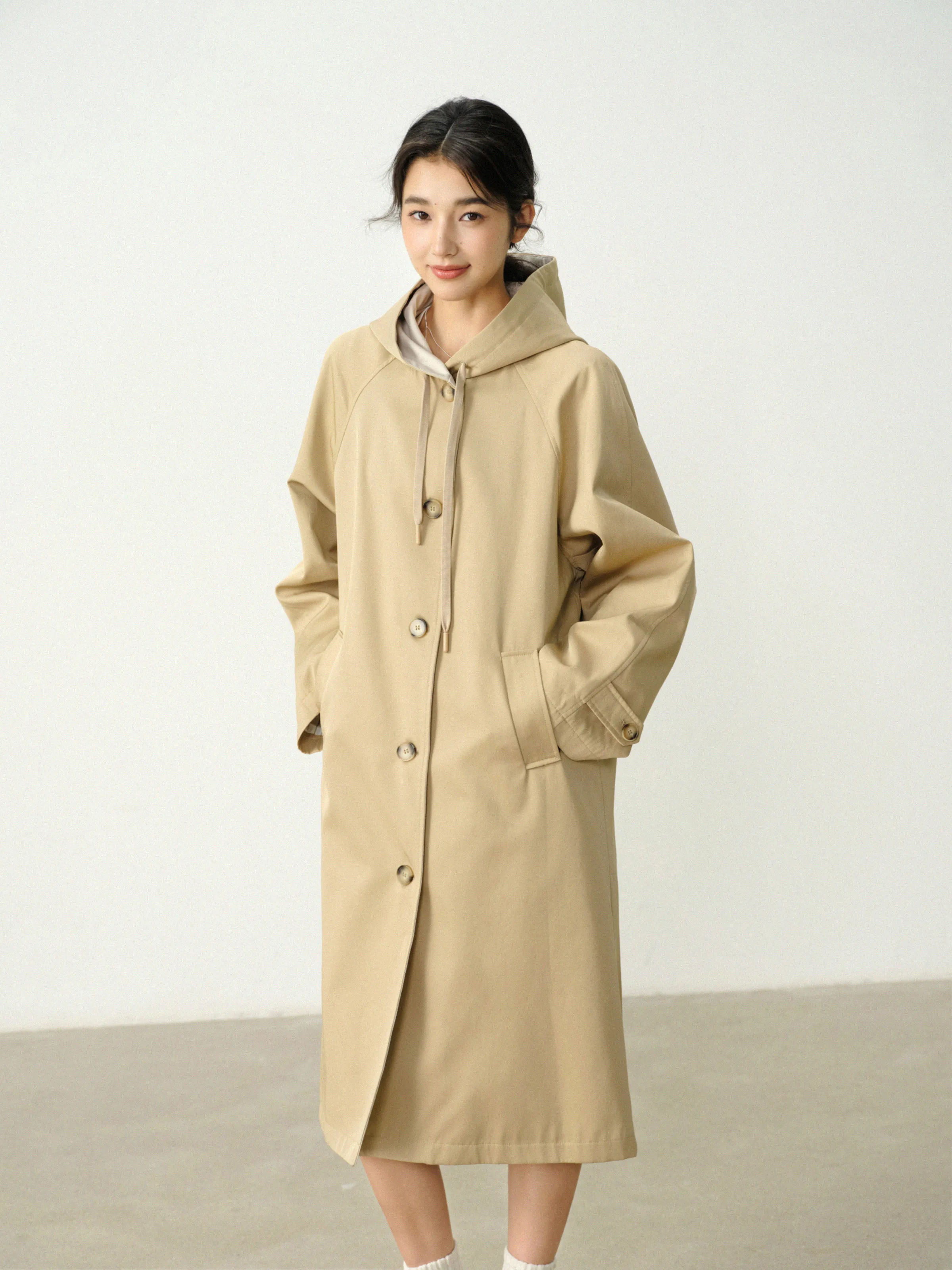 Khaki Hooded Trench Coat Women Autumn Loose Long Overcoat Elegant Casual Outwear High Waist Slimming Relaxed Fit Jacket Ladies