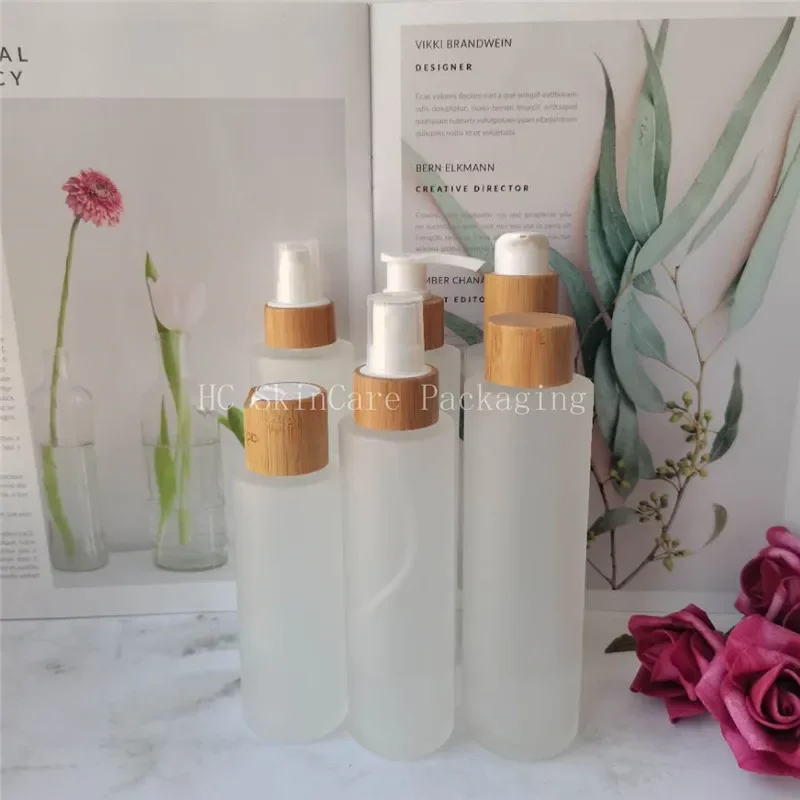 

natural Bamboo Lid Cosmetic Container Frosted Glass Empty Toner Spray Bottle Lotion Bottles Bulk,soap shampoo lotion bottle