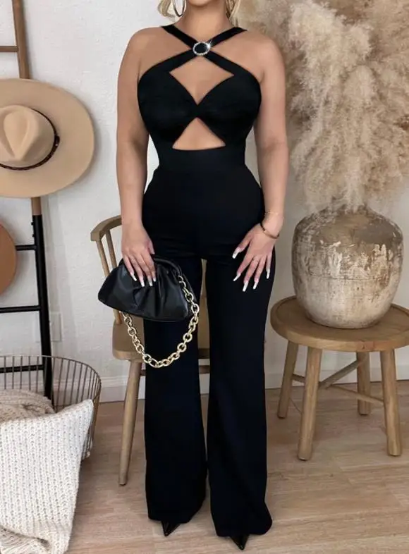 

Summer 2023 Women Asymmetrical Neck Sleeveless Skinny Medium Stretch Criss Cross Cutout Twisted Wide Leg Jumpsuit