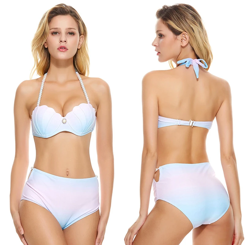 Conjunto de Bikini de dos piezas con cuello Halter y perlas para mujer, traje de baño de dos piezas con estampado de concha de sirena Multicolor