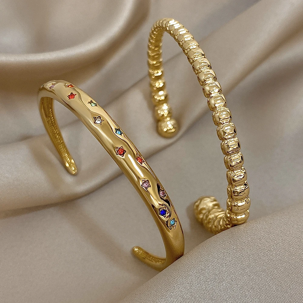 Star Inlaid Colored Small Zirconia Beaded Open Stainless Steel Cuff Bracelets Bangles Luxurious Gold Plated Wrist Jewelry Gift