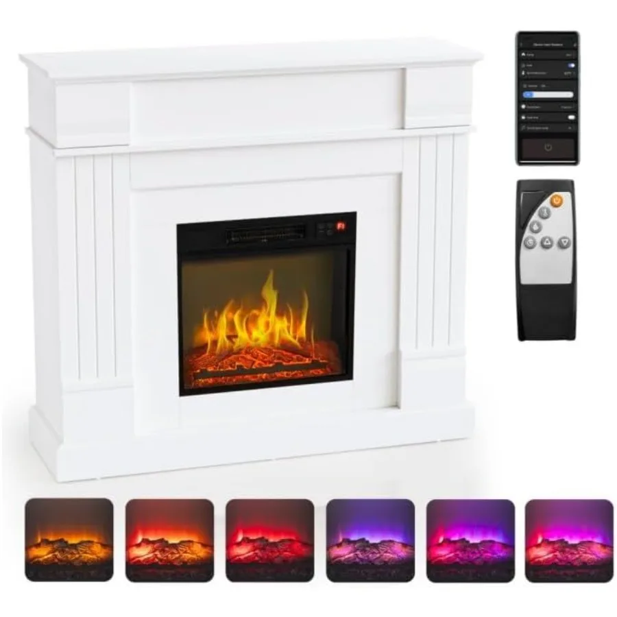 

Умная электрическая каминная печь шириной 43 дюйма с приложением и дистанционным управлением, реалистичный поддельный каминный обогреватель, 6 цветов пламени, 5 ярких пламени