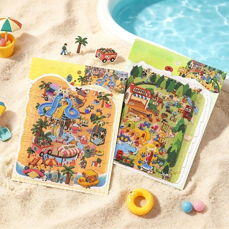 4pcs Pet Paradise Series Scene White Card PET Sticker Pack 2 Styles Optional Journal Scene Decoration DIY Supplies Cute Stickers