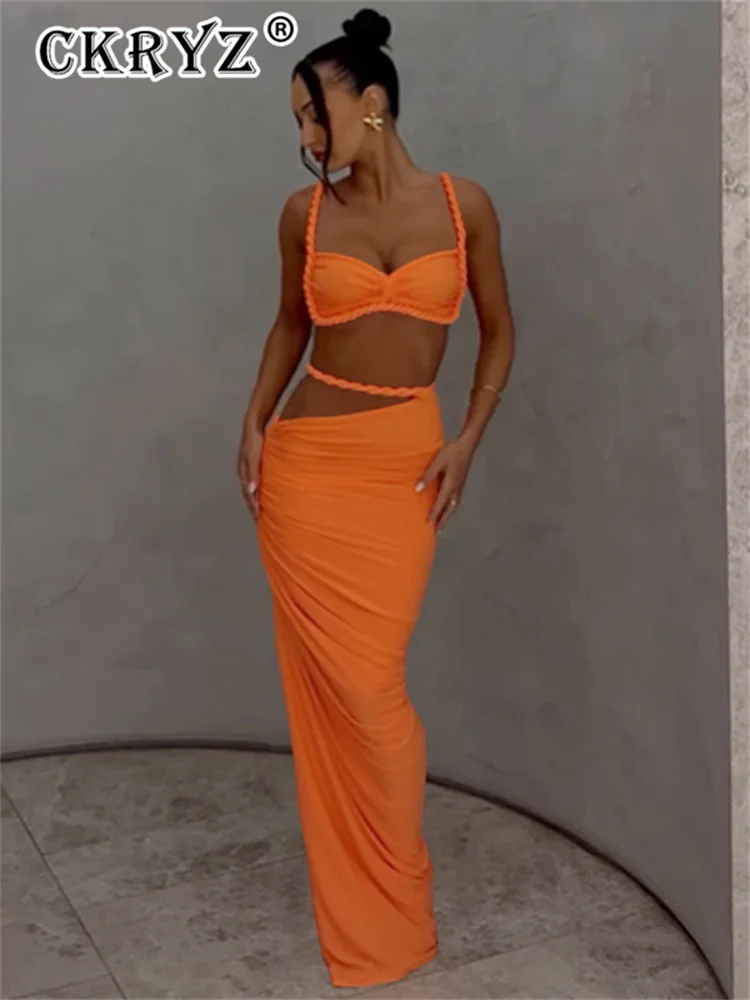 Dames été fête 2 pièces jupe ensemble femmes sans manches dos nu haut court jupes longues ensembles assortis Club Streetwear femme vêtements