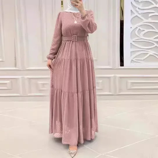 Summer Long Sleeve Temperament Robes with Belts Dubai Abaya Elegant Slim Dress Abayas for Women Kaftan High Waist Women Clothing