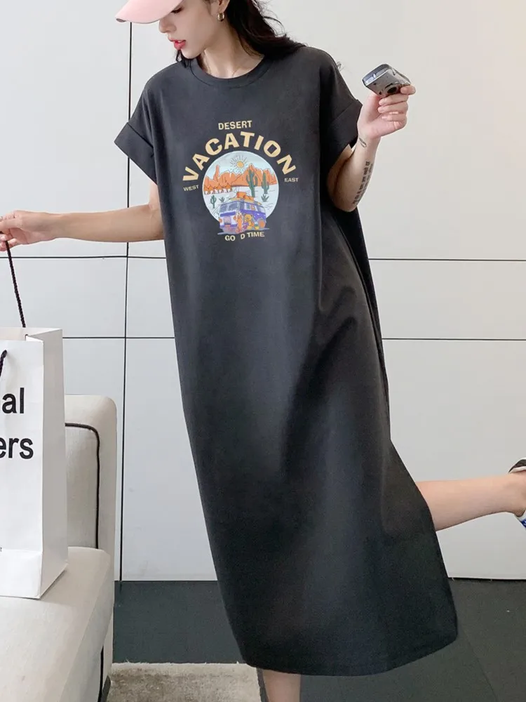 夏ゆるいカジュアルミドル丈Tシャツワンピースレディース膝丈着痩せシンプルスタイル半袖マキシドレス