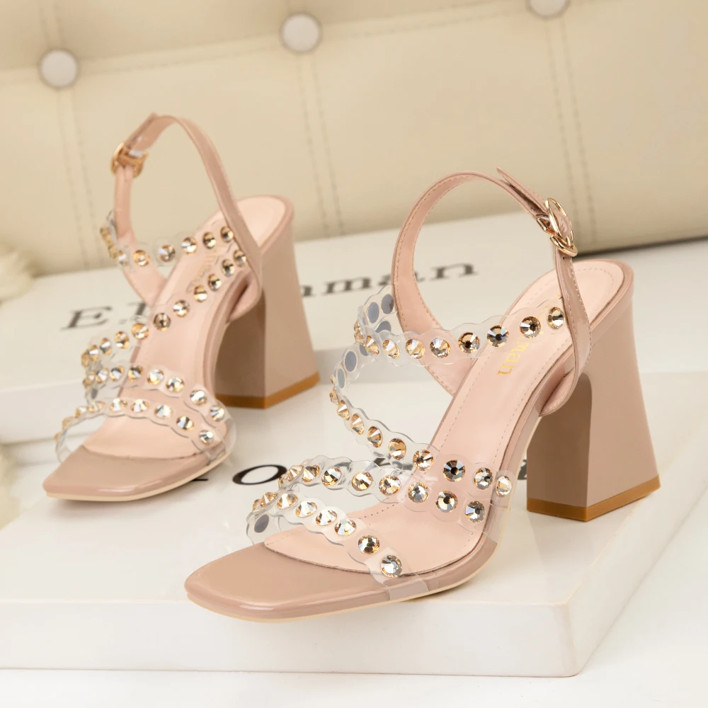 

Fashion PVC Transparent Crystal Rhinestone Women Sandals Buckle Strap Stiletto Heels Slides Wedding Party shoes