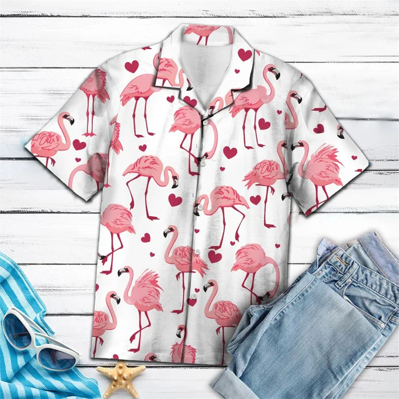 

Fashion Flamingo Graphic Hawaiian Shirts Summer Casual Holiday Vacation 3D Printed Lapel Shirt Loose Streetwear Button Blouses