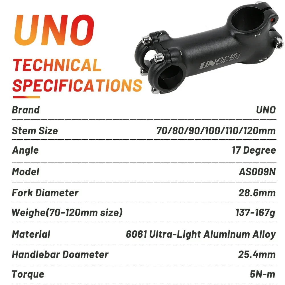 UNO Ultralight 17 Degree Bike Stem 25.4mm 70-120mm Bicycle Handlebar Stem MTB Power Parts Mountain Road Matte Black/silver Stem