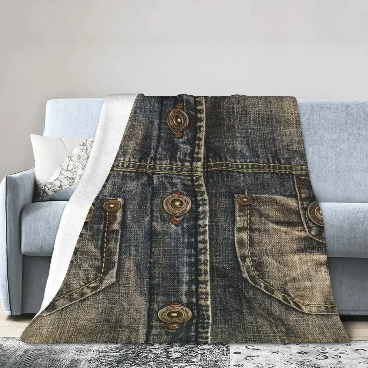 

Two Pocket I Love Bluejeans Denim Blanket Soft Warm Flannel Throw Blanket Cover for Bed Living room Picnic Travel Home Sofa