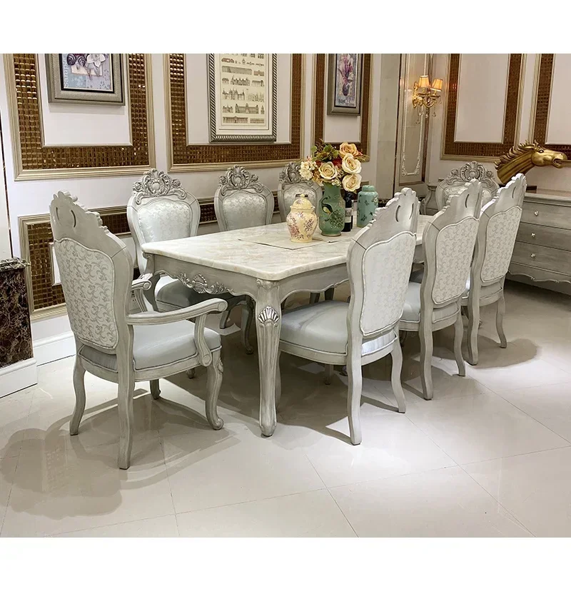 European style solid wood dining table and chair combination large family rectangular dining table marble household