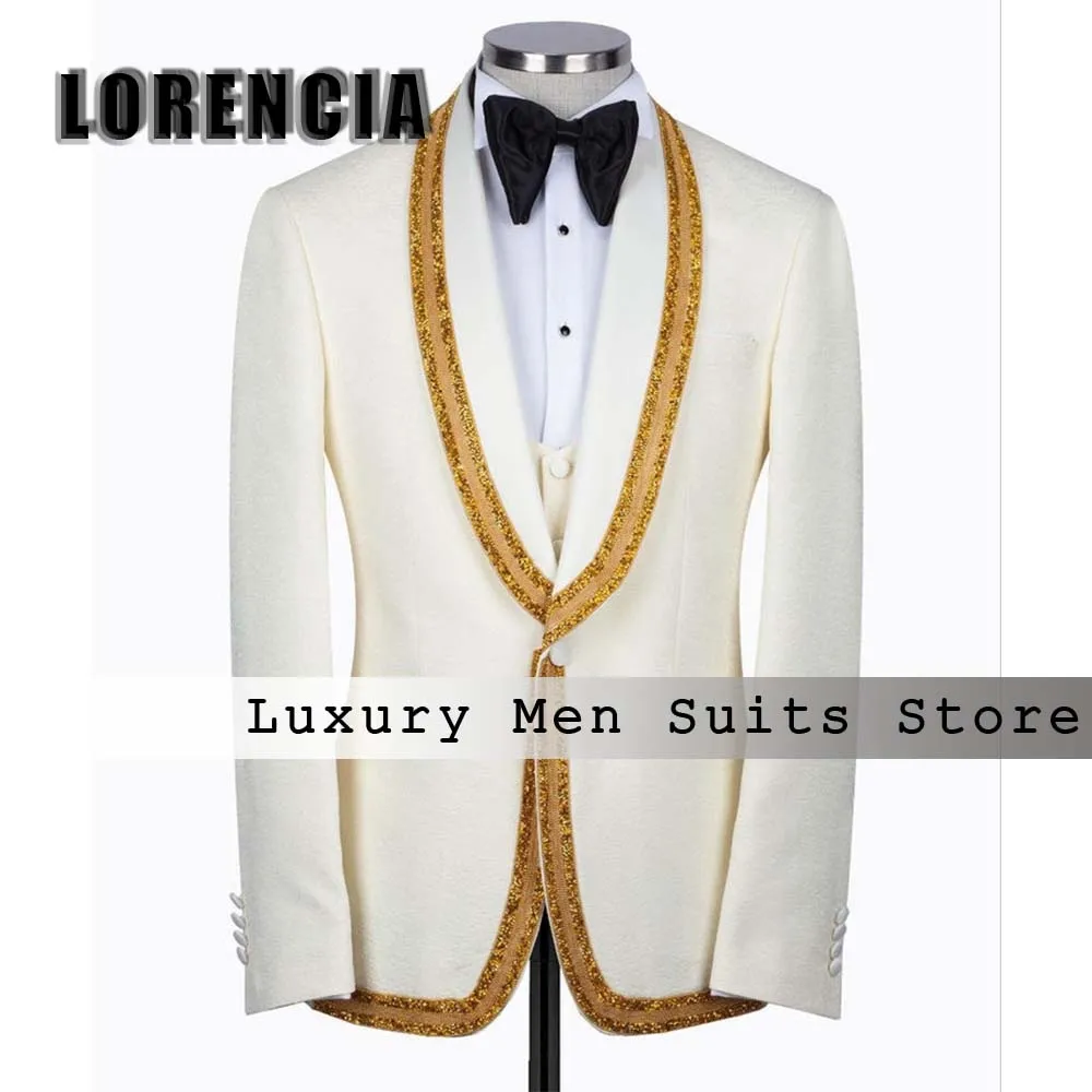 

Elegant Shining 3 Pieces Men Suits Shawl Collar Wedding Party Outfits Customized Blazer Vest Pants trajes para hombre