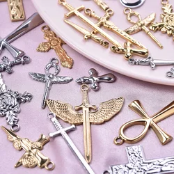7Pcs/Lot Stainless Steel Gothic Sword Cross Pendant Religion Angel Wings Egyptian Ankh Life  Croix Colgantes Jewelry Accessories