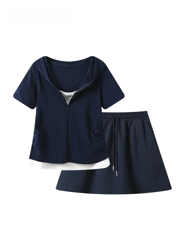 

Summer New Style College Wind Set Large Size Women's Clothes Hat Hooded Top Half Skirt Versatile for Plump Sister