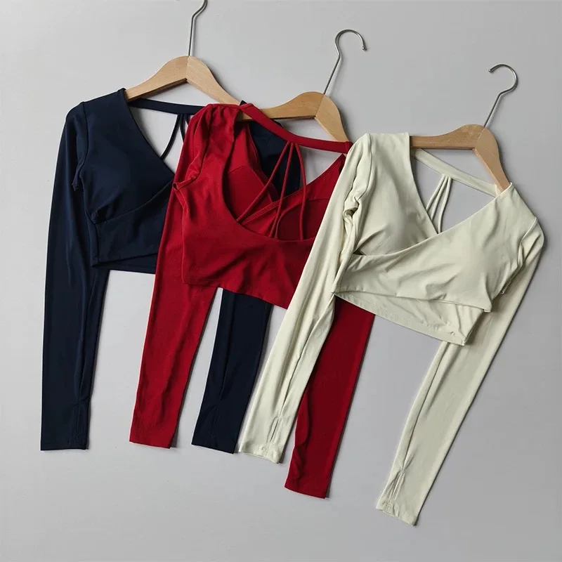 Yoga Top with Chest Pads Cross V-Neck Long Sleeves Women's Slim-Fit Running Training Cropped Navel-Baring Pilates Top  Fitness