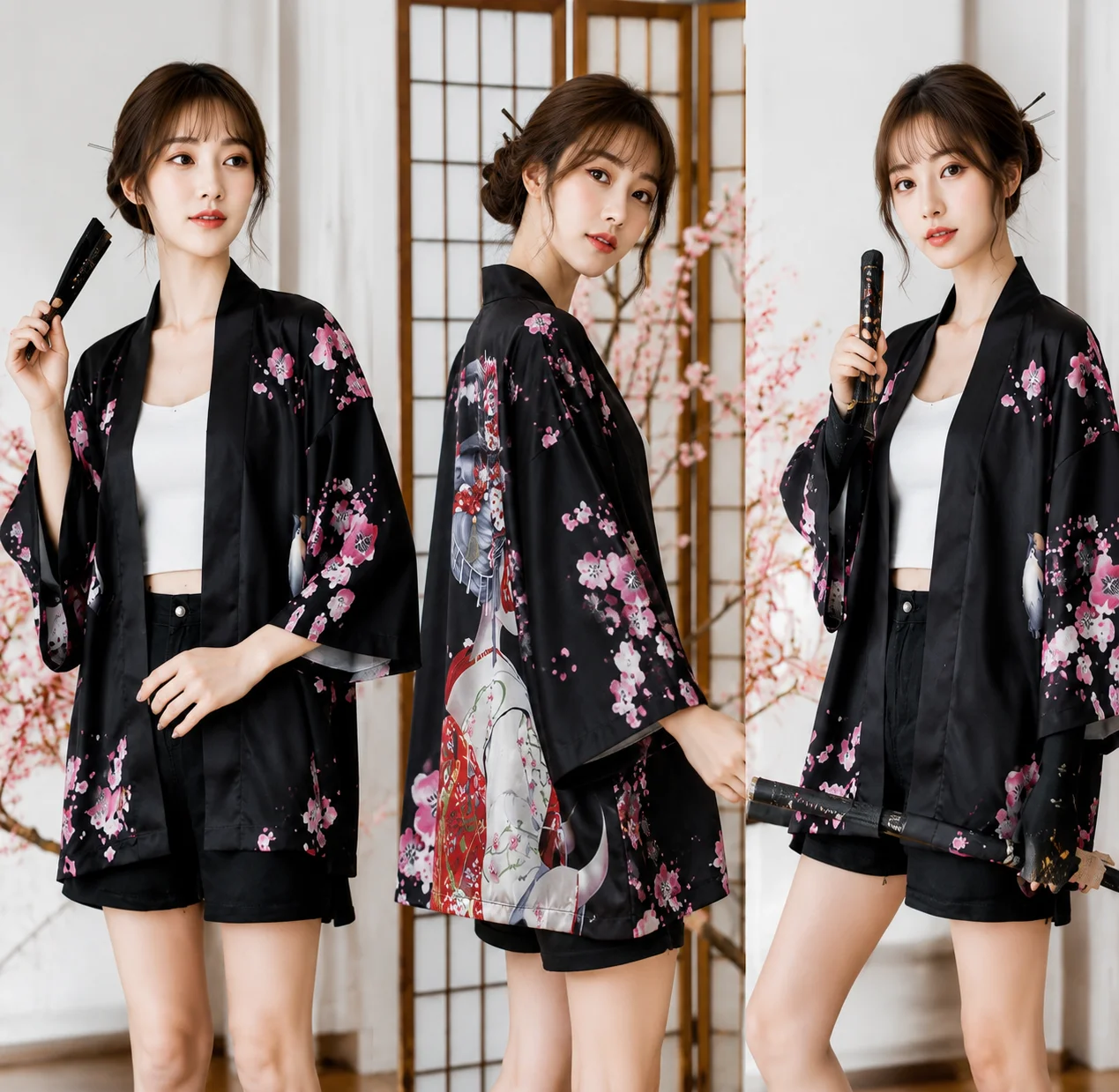 Japanese Style Kimono Cardigan Cherry Blossom Bird & Traditional Lady Print 3/4 Sleeve Haori Jacket Casual Daily Beach Outfits