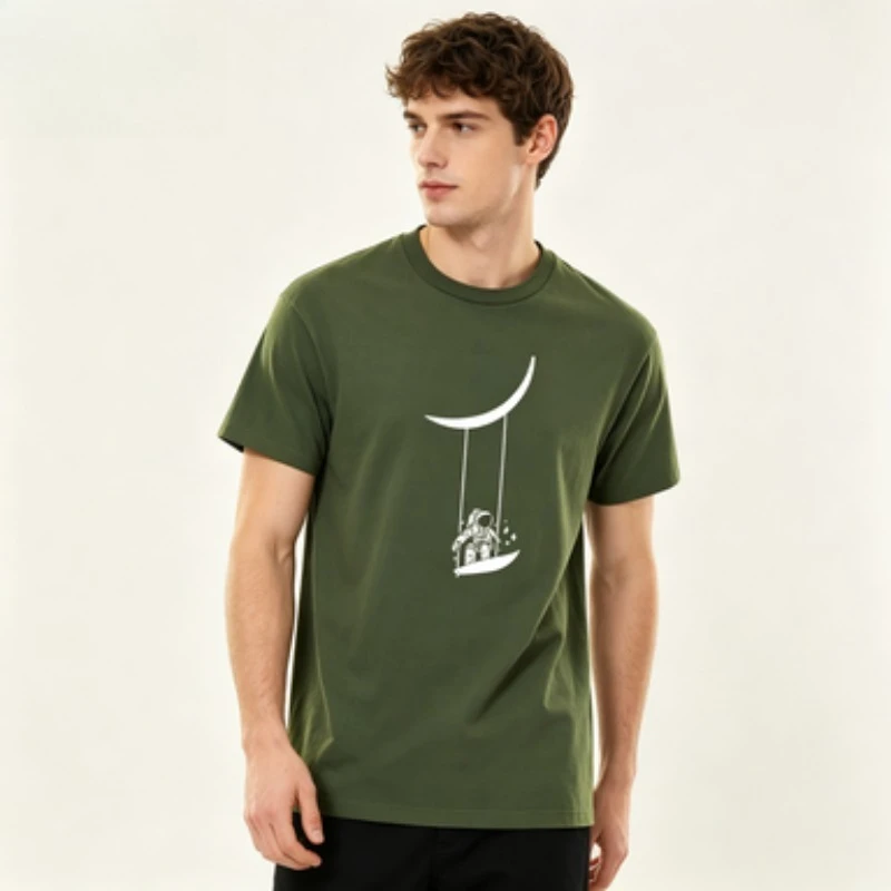 Men Cotton T-shirt Astronaut Swing On Moon Print O Neck Short Sleeve Summer Casual Space Streetwear Mens Tee Top