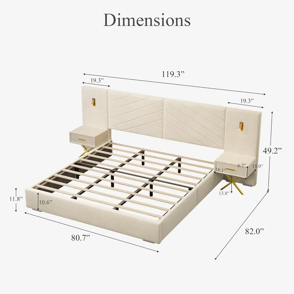 Luxury King Bed Frame with Built-in Gold LED Lights and Nightstands, King Size Platform Bed with Oversize Upholstered Headboard image 2