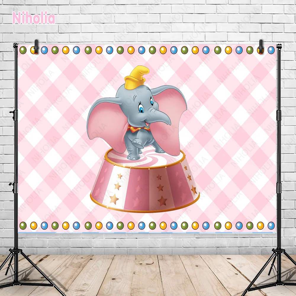 Dumbo cyrk tło imprezowe chłopiec lub dziewczynka fotografia tło na urodziny różowy Baby Shower rekwizyty fotograficzne Decors transparent plakat